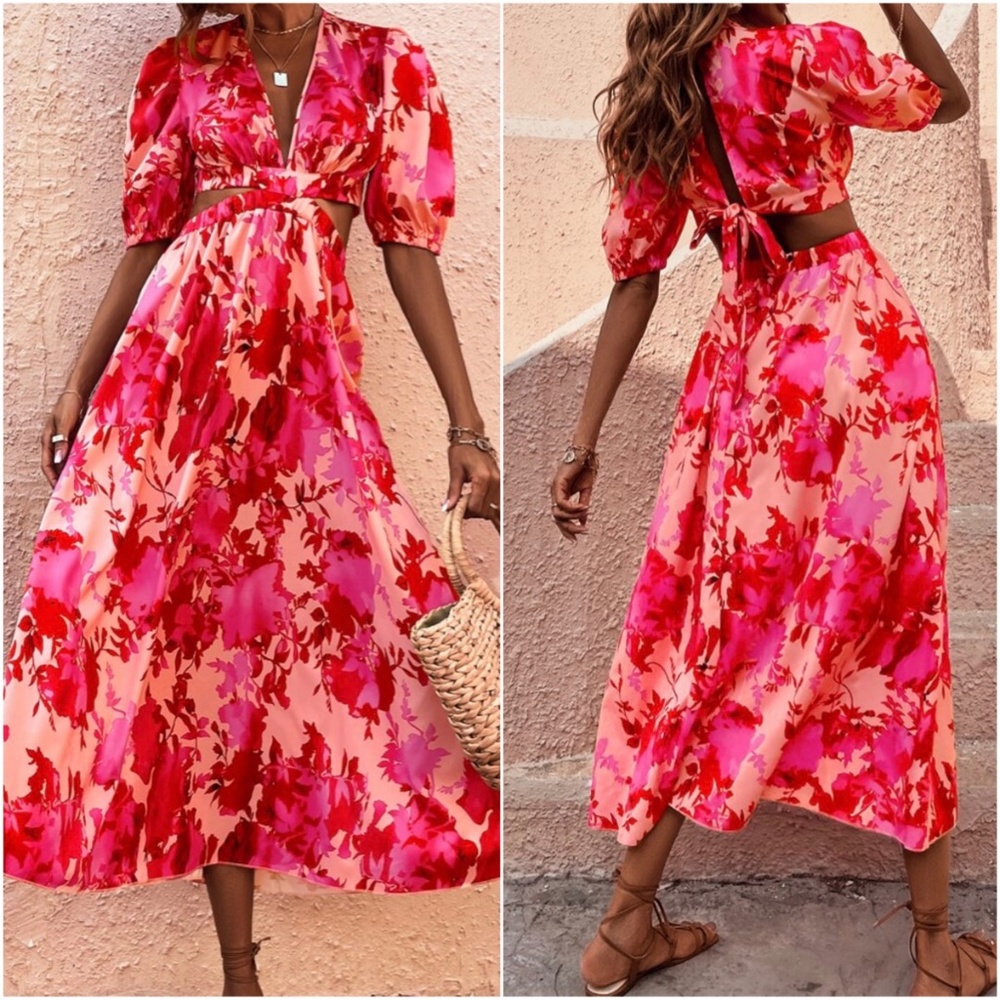 Boho Pink Floral Print Cut out Maxi Dress - Picture 1 of 4